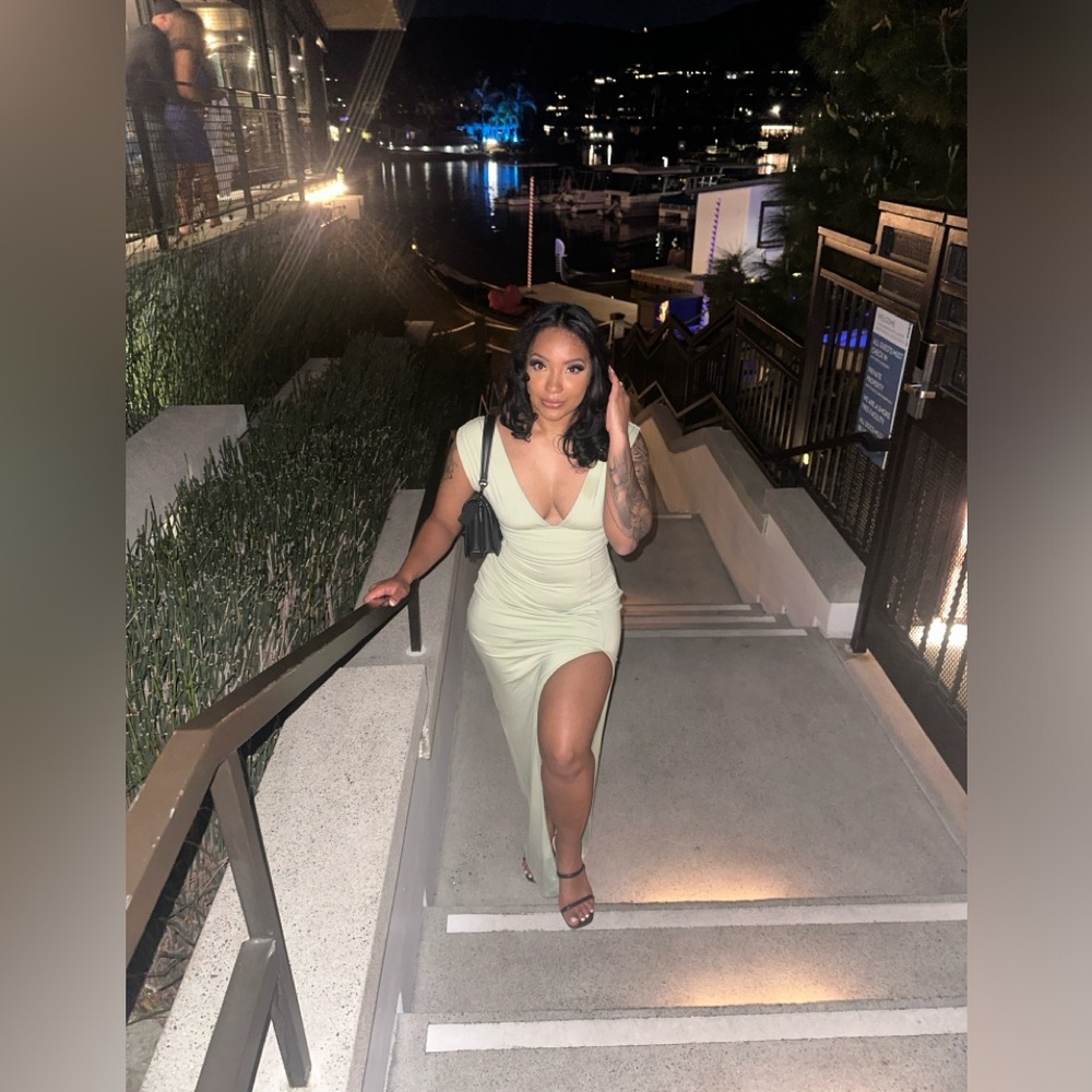 High Split Plunge Neck Maxi Dress in Sage